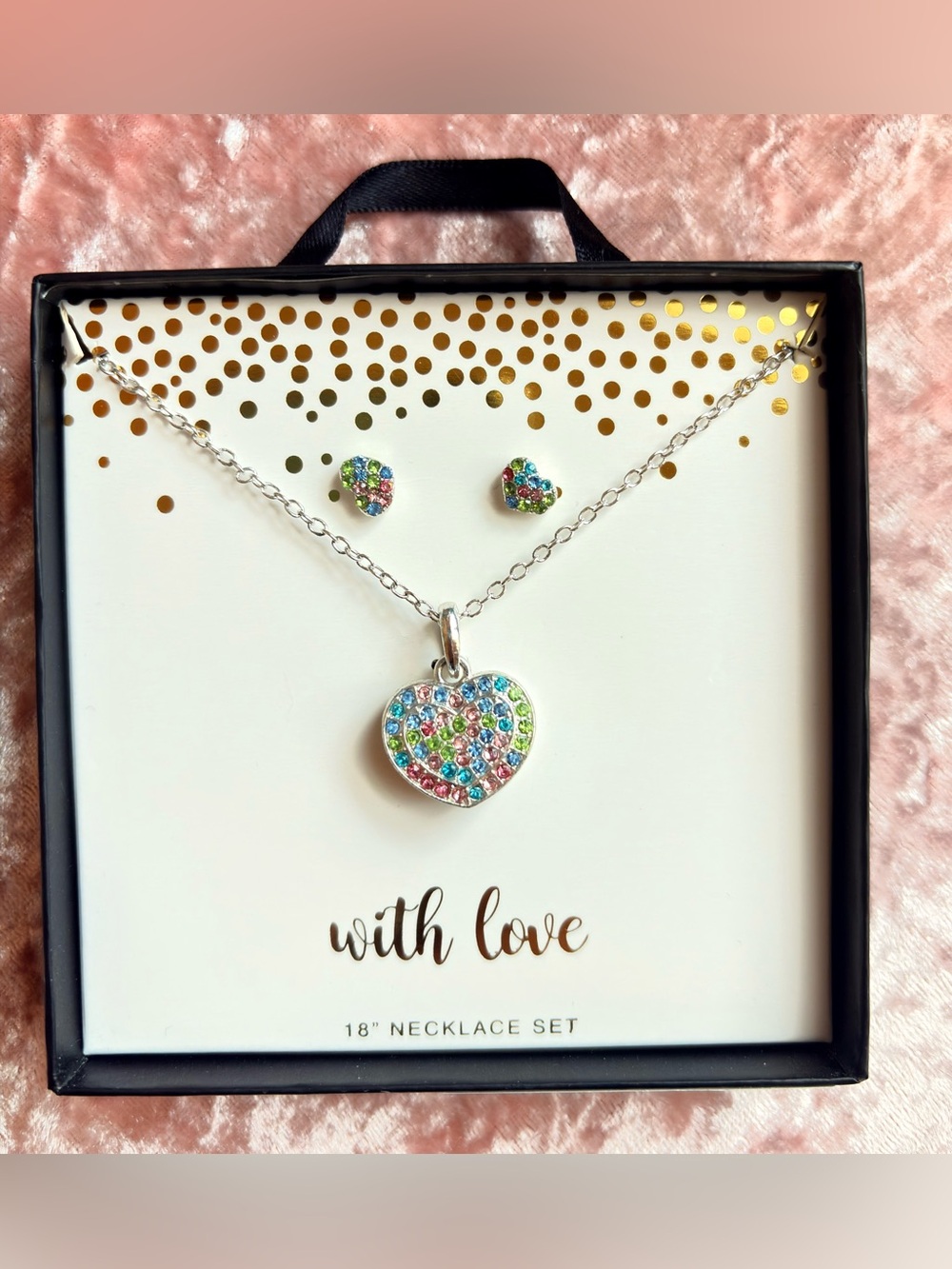 Heart Pendant Necklace and Stud Earrings Set with Multicolor Crystals